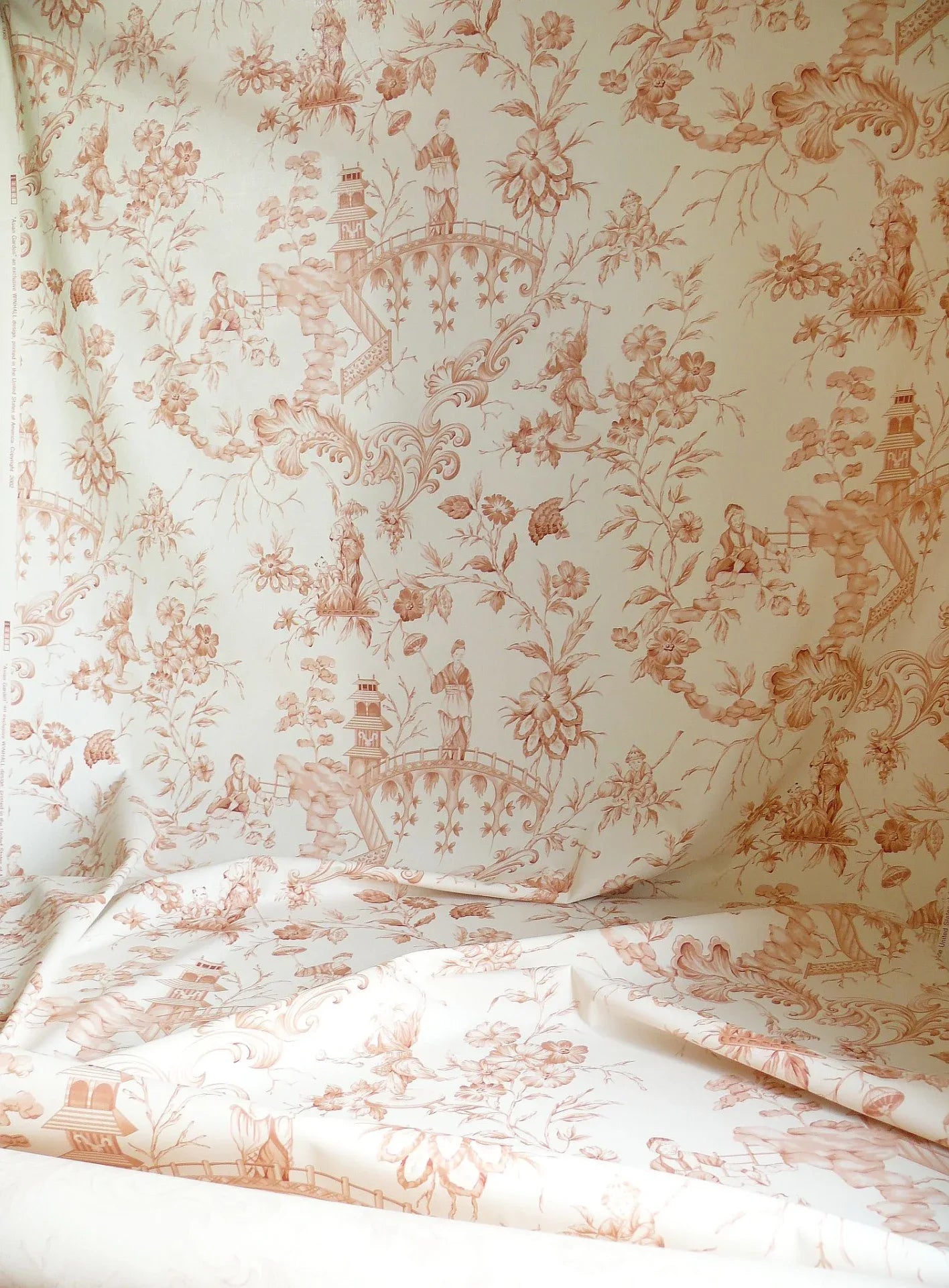by yard Scalamandre Asian Garden Apricot White Toile Chinoiserie