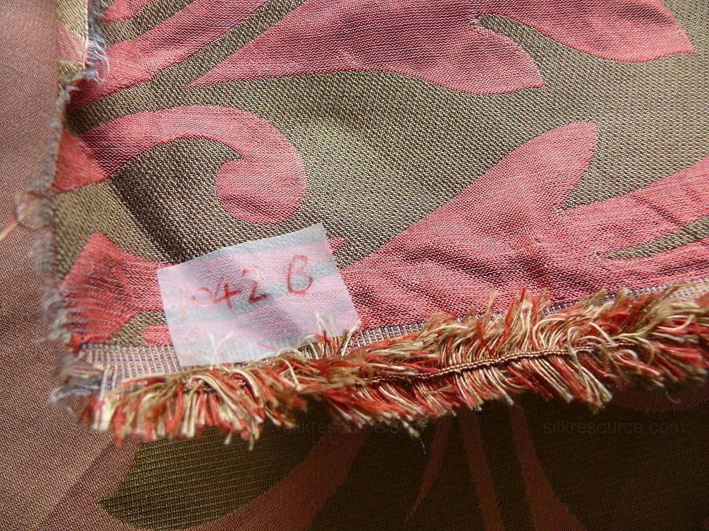American Silk Mills Silk Figured Brocade Majestic Lotus! Silvery Red Gold Pink Brown Silver Mid-Century