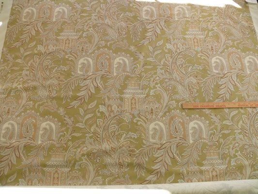 By Yd Scalamandre Pagoda Paisley Cotton Arabesque Garden Hand Printed In Italy Cream Brown On Green MSRP USD 198/YD