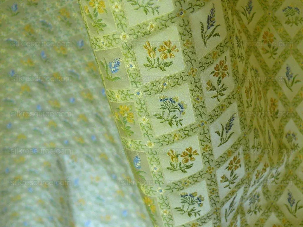 100% Silk Lampas Orange & Blue Petite Flower Diamond By Yd