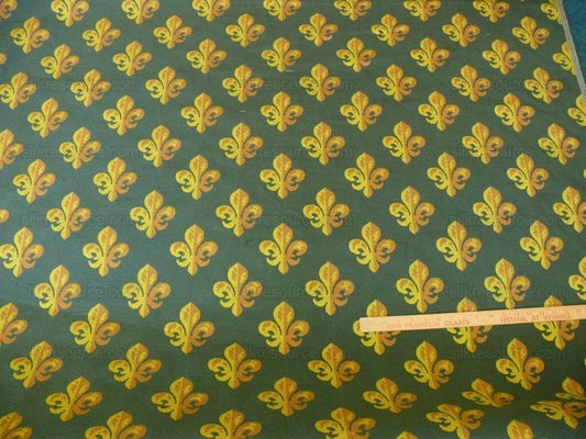 Bty Scalamandre Epingle Fluer De Lys Hunter Green Gold Historical Cotton