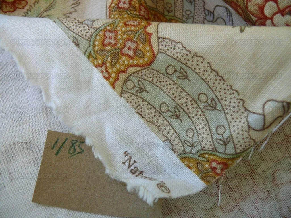 Vervain Natalie in Terracotta Linen Print Ribbon Flower Peach On Natural Chintz