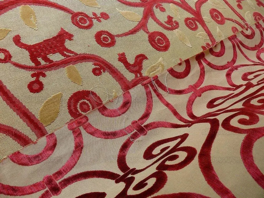 Clarence House La Jungle Cut Velvet Dog Rooster Birds In Red Bty