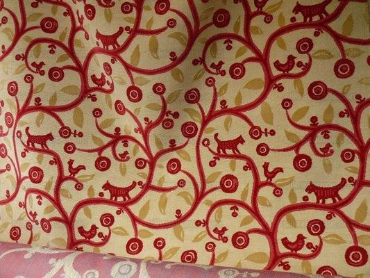 Clarence House La Jungle Cut Velvet Dog Rooster Birds In Red Bty