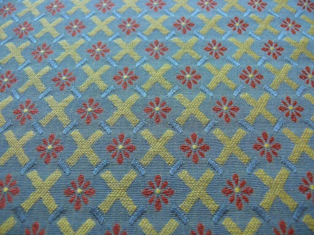 Scalamandre St German Blue Gold Red Lattice Woven Bty