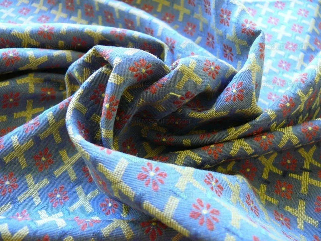 Scalamandre St German Blue Gold Red Lattice Daisy Diamond Woven Bty
