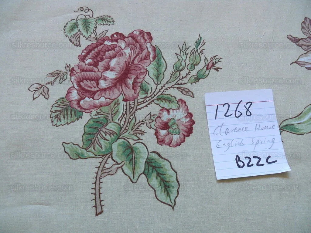 Clarence House English Spring Rose Tulip Pink Blue Green on Tan Botanical Printed Cotton Chintz BY Yard