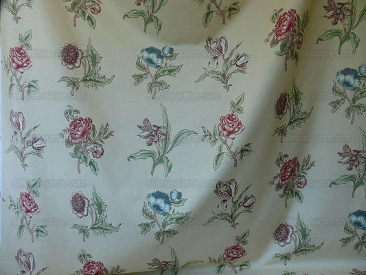 Clarence House English Spring Rose Tulip Pink Blue Green on Tan Botanical Printed Cotton Chintz BY Yard