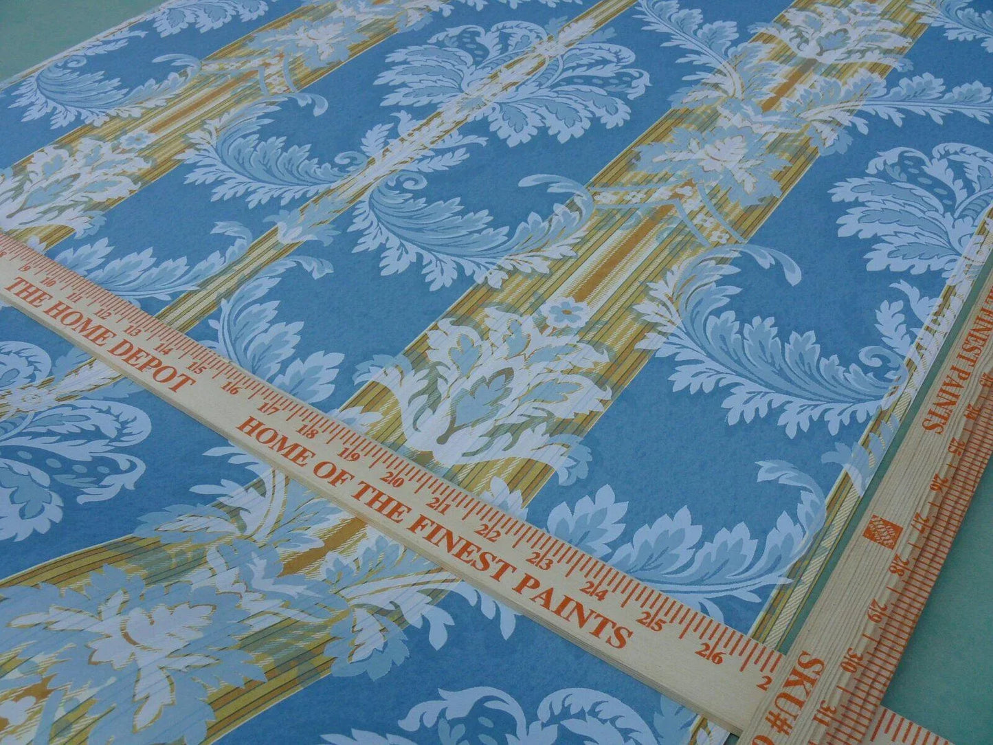 High End Wallpaper Damasco Imberline French Blue Damask Stripe Wallpaper Handprinted MSRP USD 176/single Roll Old World Weavers