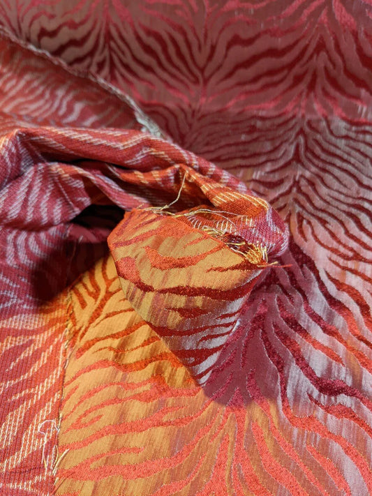 By Yard Tiger Cheetah Silk And Viscose Blend Damask Red And Gold Iridescent #33