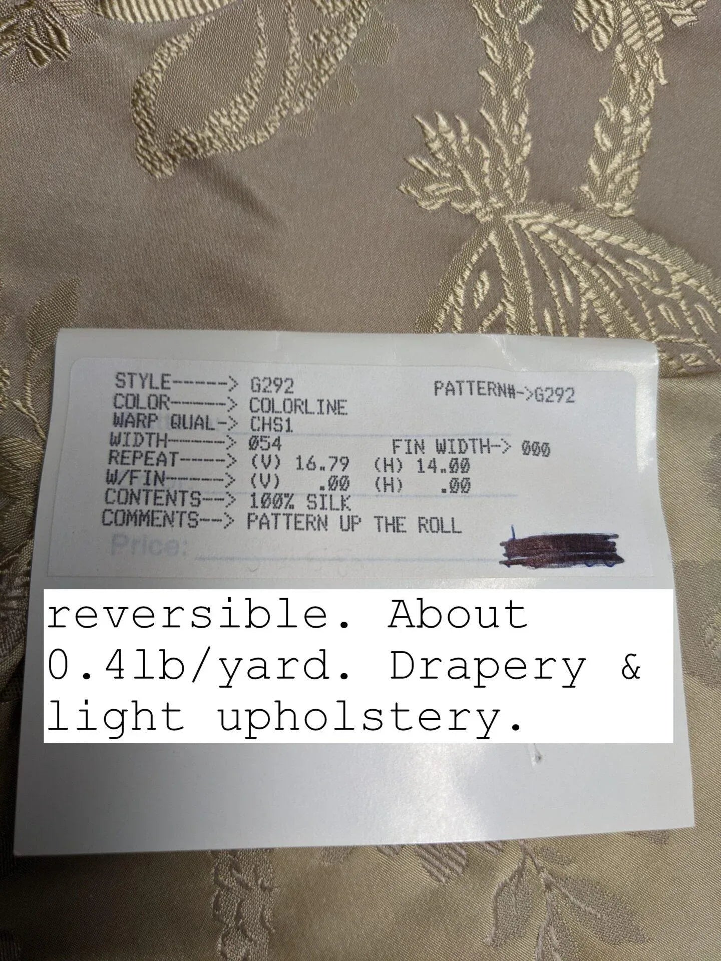 100% Silk Damask Lace Curvy Botanical Flower Vines Art Neuveu Wheat Beige Gold bty