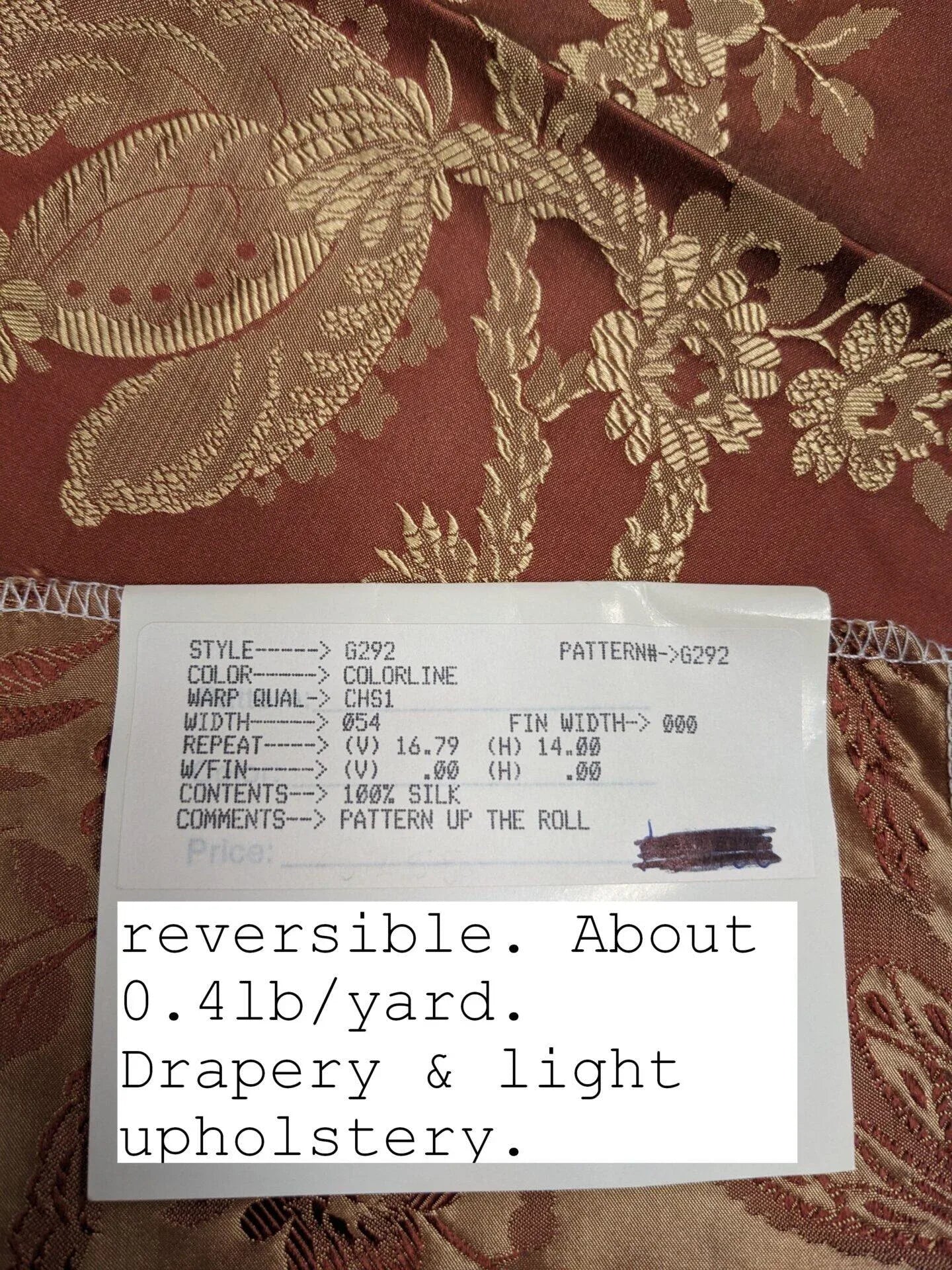 100% Silk Damask Lace Curvy Botanical Flower Vines Art Neuveu Cornsilk Red Gold bty