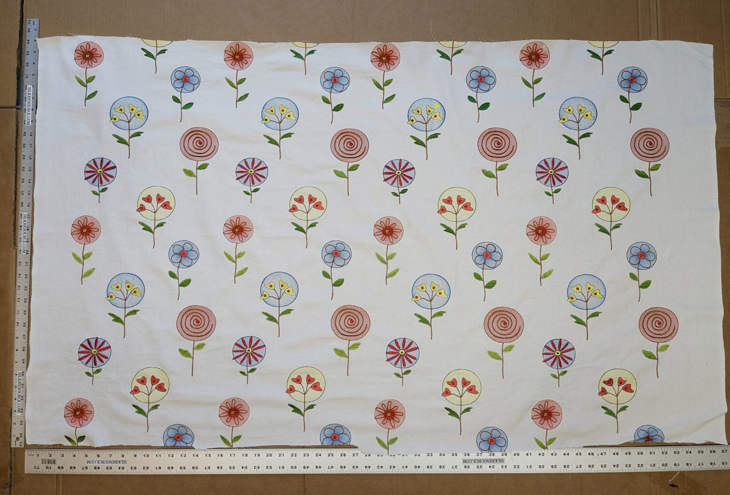 0.94Y Scalamandre Fancy Work Blue/coral On White Modern Flower Power Embroidery MSRP USD 200/yard