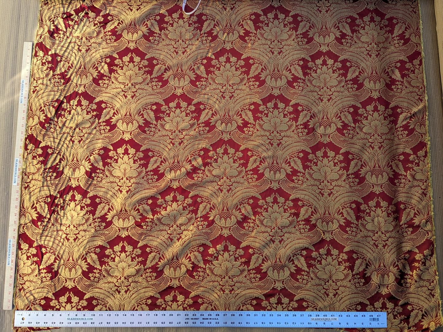 100% Silk Damask Classic Renaissance Artichoke Ruby Red Gold High End