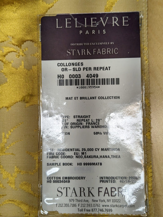 28 EV34 Special Square Jacquard by Lelievre Collonges Or Gold Cotton Embroidery Damask MSRP USD300+/y