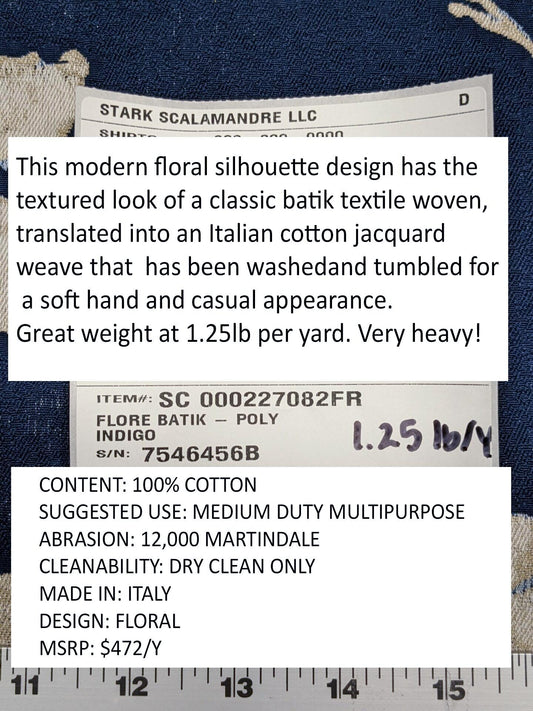 Scalamandre Flore Batik Poly Indigo Blue Floral White Magnolia Cotton Damask MSRP 472/y