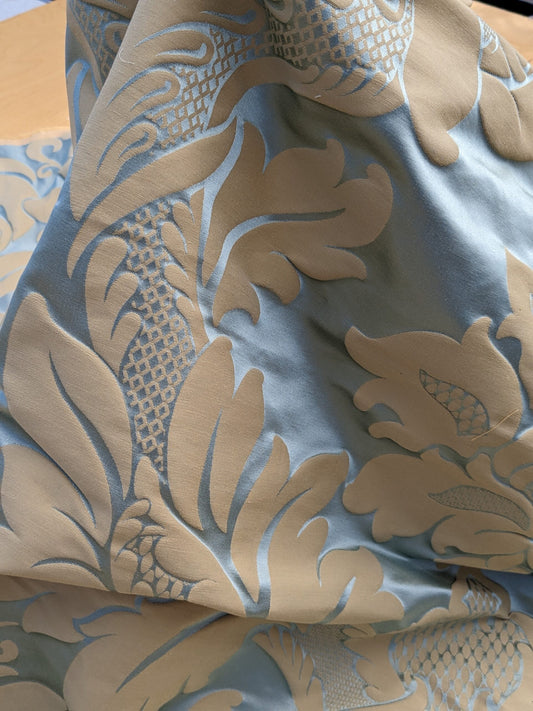 By Yard Loggia Silk Cotton Renaissance Damask Satin Aqua Light Blue Beige Highest Quality MSRP USD 500+/Y
