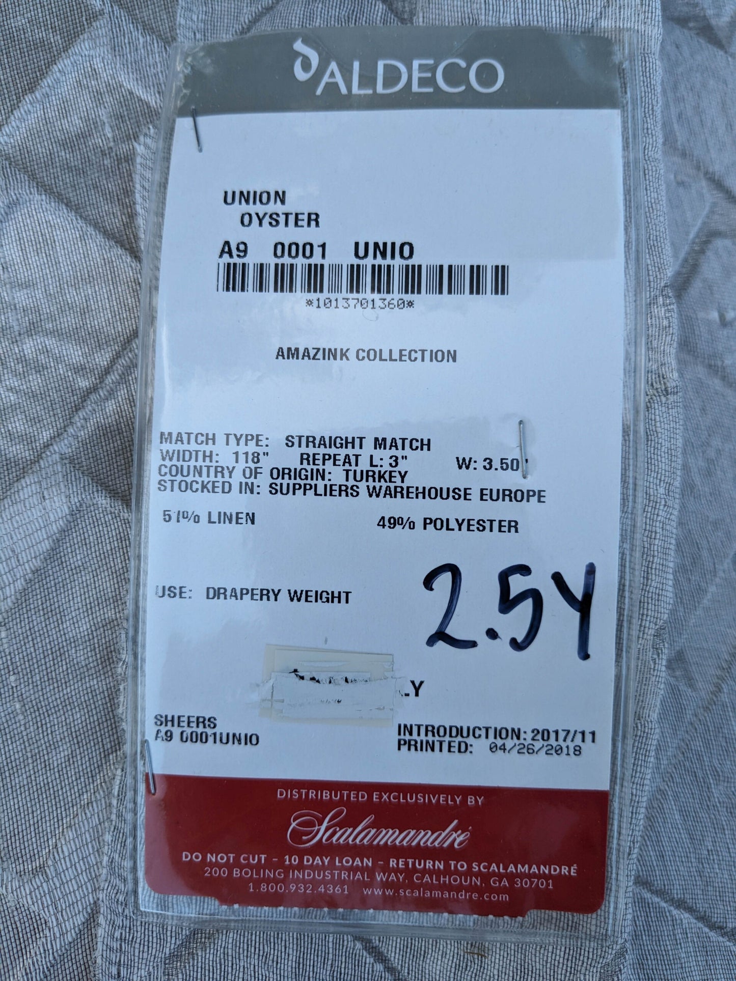 1 EV35 Length 2.5y Aldeco Union Oyster Gray Sheers Chevron Geometric MSRP USD 300+/y