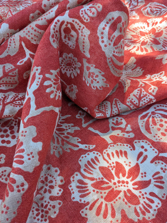 7 EV35 Length 1.2y Scalamandre Calais Linen Print in Coral Pink Red Mediterrinan Pomegranite Block Print Heavy Linen MSRP USD300+/y