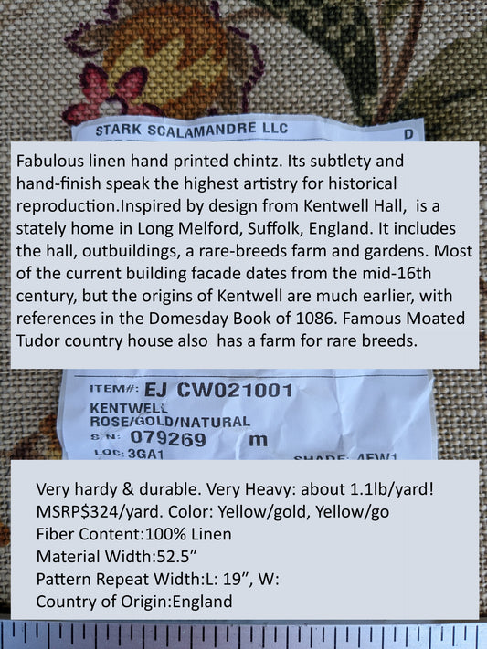 By Yard Scalamandre Old World Weavers Kentwell Rose Gold Natural English Chintz Linen Heavy MSRP USD 324/Y