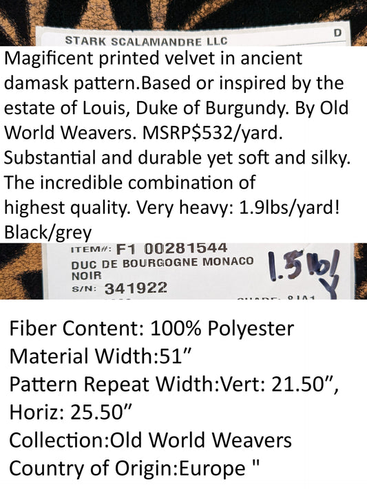 Scalamandre Duc De Bourgogne Monaco In Noir Black Gold Gilded Printed Velvet MSRP USD 532/Y Old World Weavers