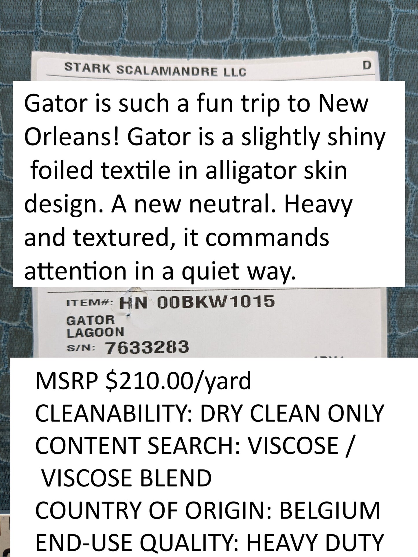 Scalamandre Gator Lagoon Blue Viscose Blend Small Scale MSRP $210/y