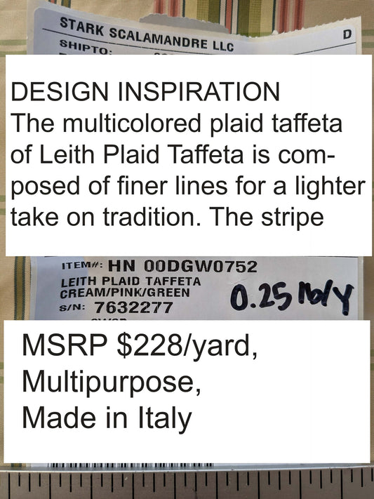 Scalamandre Leith Plaid Taffeta Cream Pink Green Stripe Silk Scottish Tartan MSRP USD 228/y