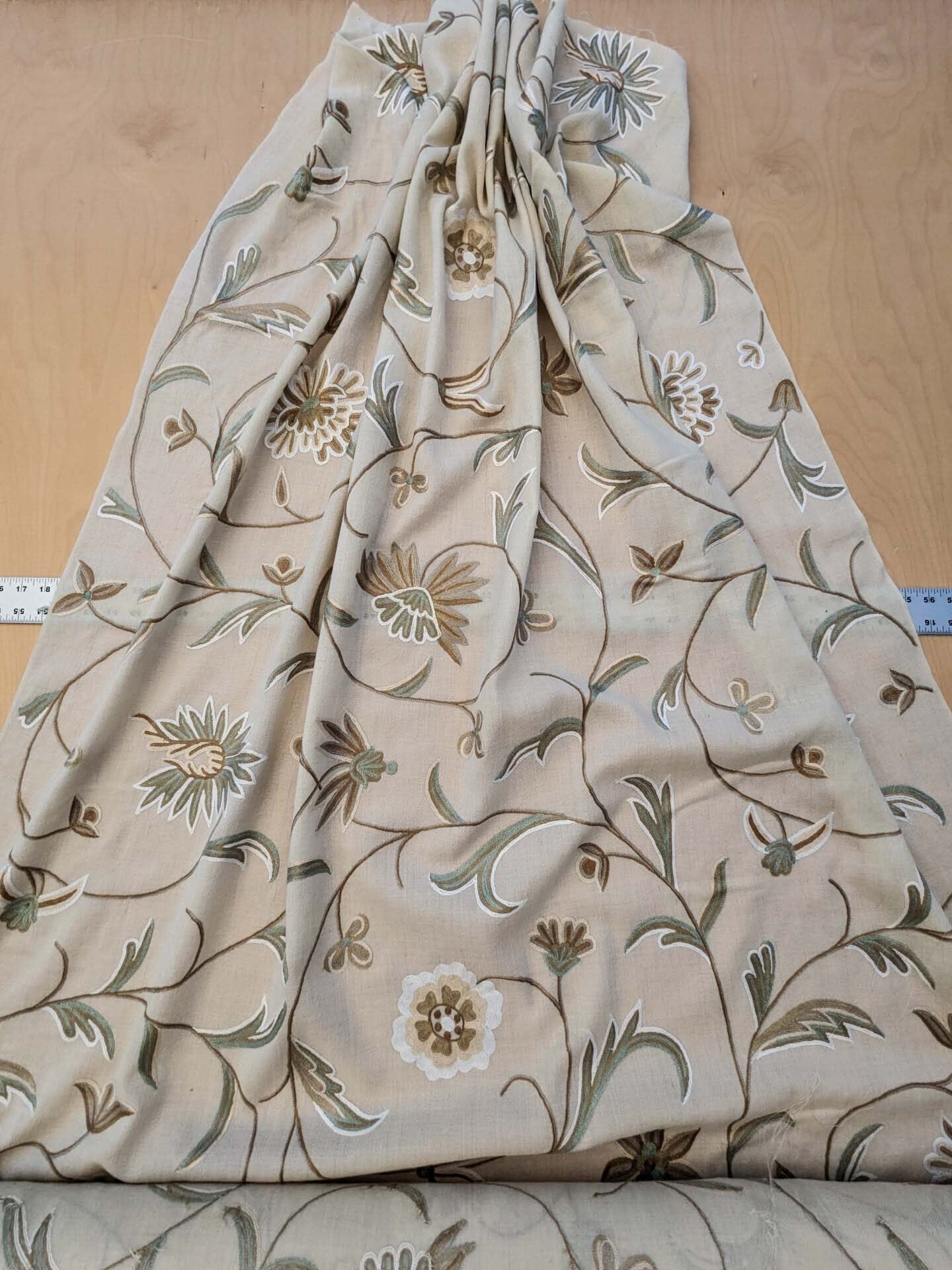 Scalamandre Sindia Wool Celadon Ivory Beige Floral Botanical Embroidery MSRP USD 492/y