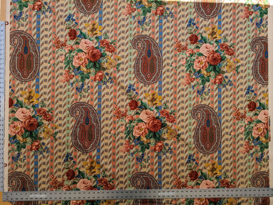 Scalamandre Rosalia Rose-Blue on Beige Cotton Floral Paisley Stripe MSRP USD 220/y