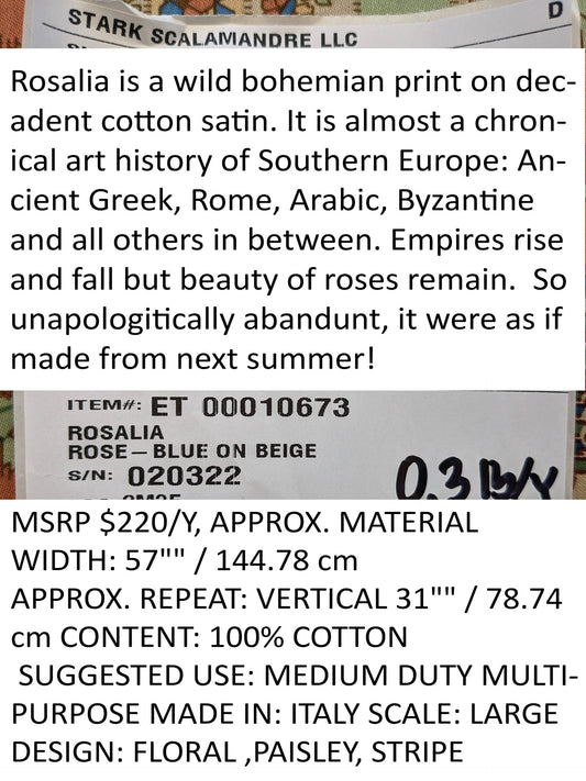 Scalamandre Rosalia Rose-Blue on Beige Cotton Floral Paisley Stripe MSRP USD 220/y