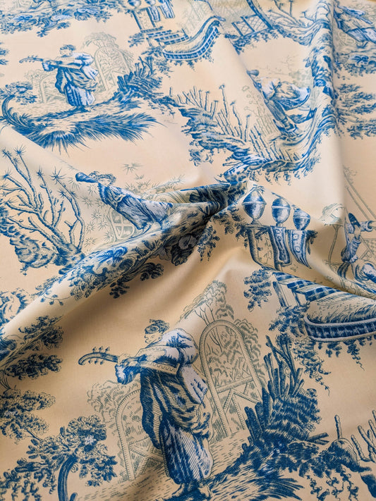 Scalamandre MASQUE CHINOIS Chinoiserie Toile Print Landscape Garden BLUE ON CREAM Made in France MSRP USD 288/y