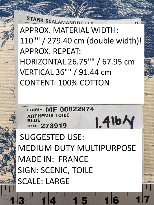 Scalamandre Arthemis Toile de Jouy Blue Beige Cotton Historic Animals Deer Hunting Scenic 110" wide MSRP USD 240/y