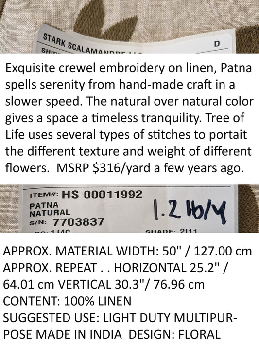 Scalamandre Patna Natural Beige Brown Embroidery Linen Tree of Life Floral Botanical Foliage MSRP USD 316/y