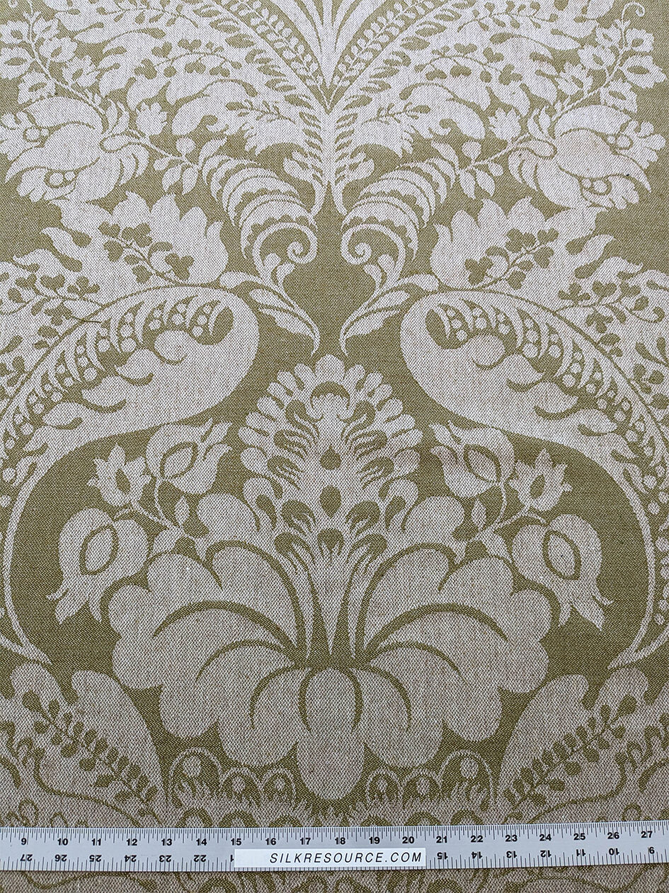 Scalamandre Amelia Lichen Green Gray Renaissance Damask Jacquard Linen Acanthus Artichoke Feather MSRP USD 176/y