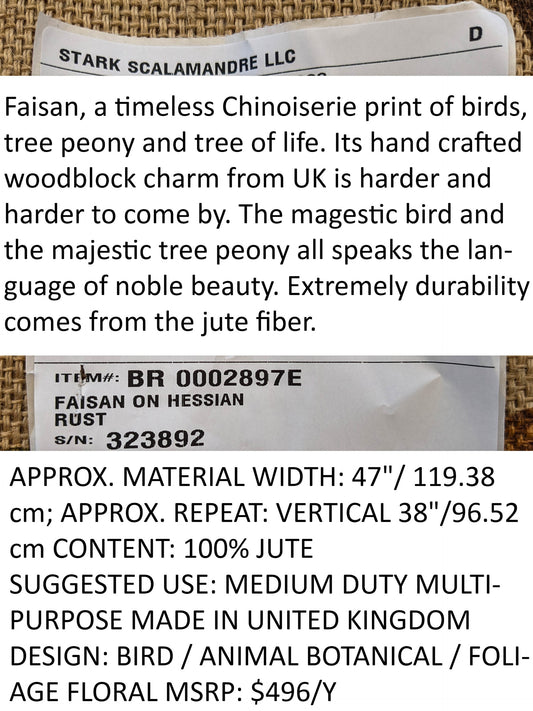 Scalamandre Faissan on Hessian Rust Brown Red Green Blue 100% Jute Bird Animals Tree Foliage MSRP USD 496/y