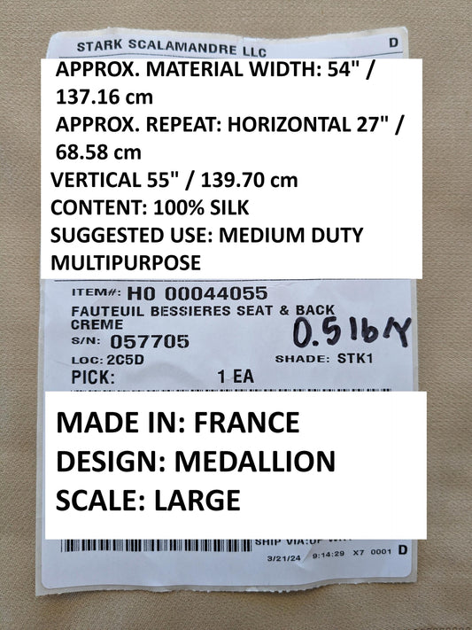 26"x 57" Scalamandre Fauteuil Bessieres Seat & Back Creme French Antique Design MSRP USD 612/y