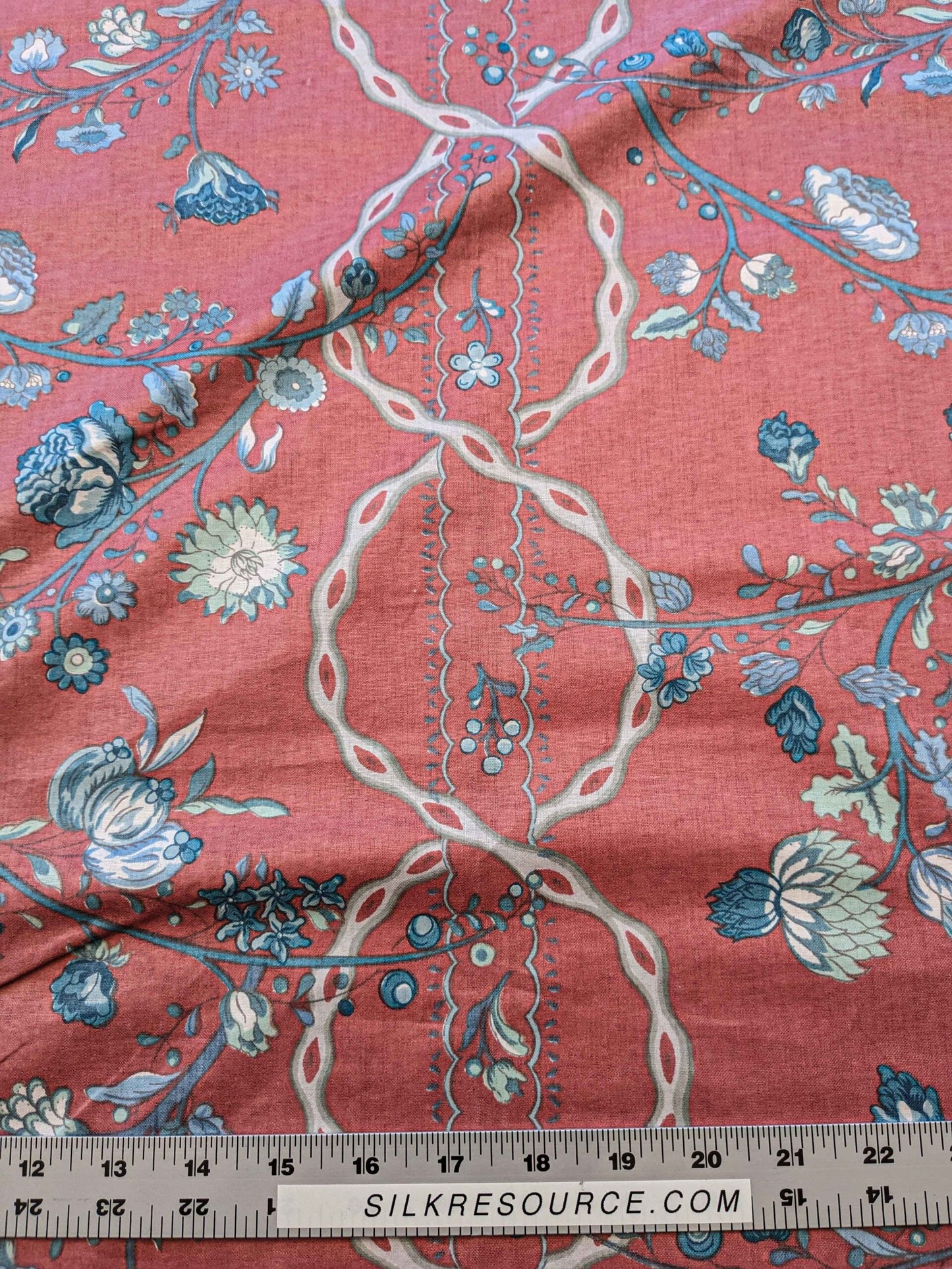 2.2y Scalamandre Floral Botanical Tree Foliage French Court Blue White Gray on Red