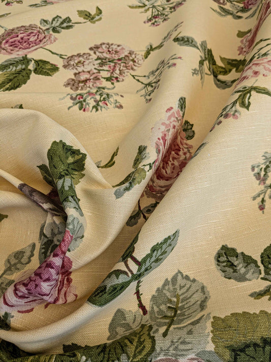 by yard Scalamandre Floral Rose Chintz Pink Red on Beige Pale Butter Yellow Botanical Large Pattern