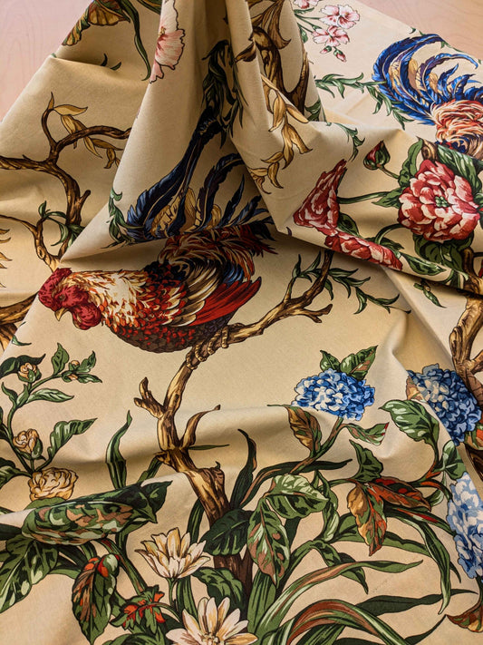 11 EV36 Scalamandre Chanticleer Beige Cotton Rooster Chicken Country Bird Animal Botanical Foliage 1.2y x 53" MSRP USD 836/y
