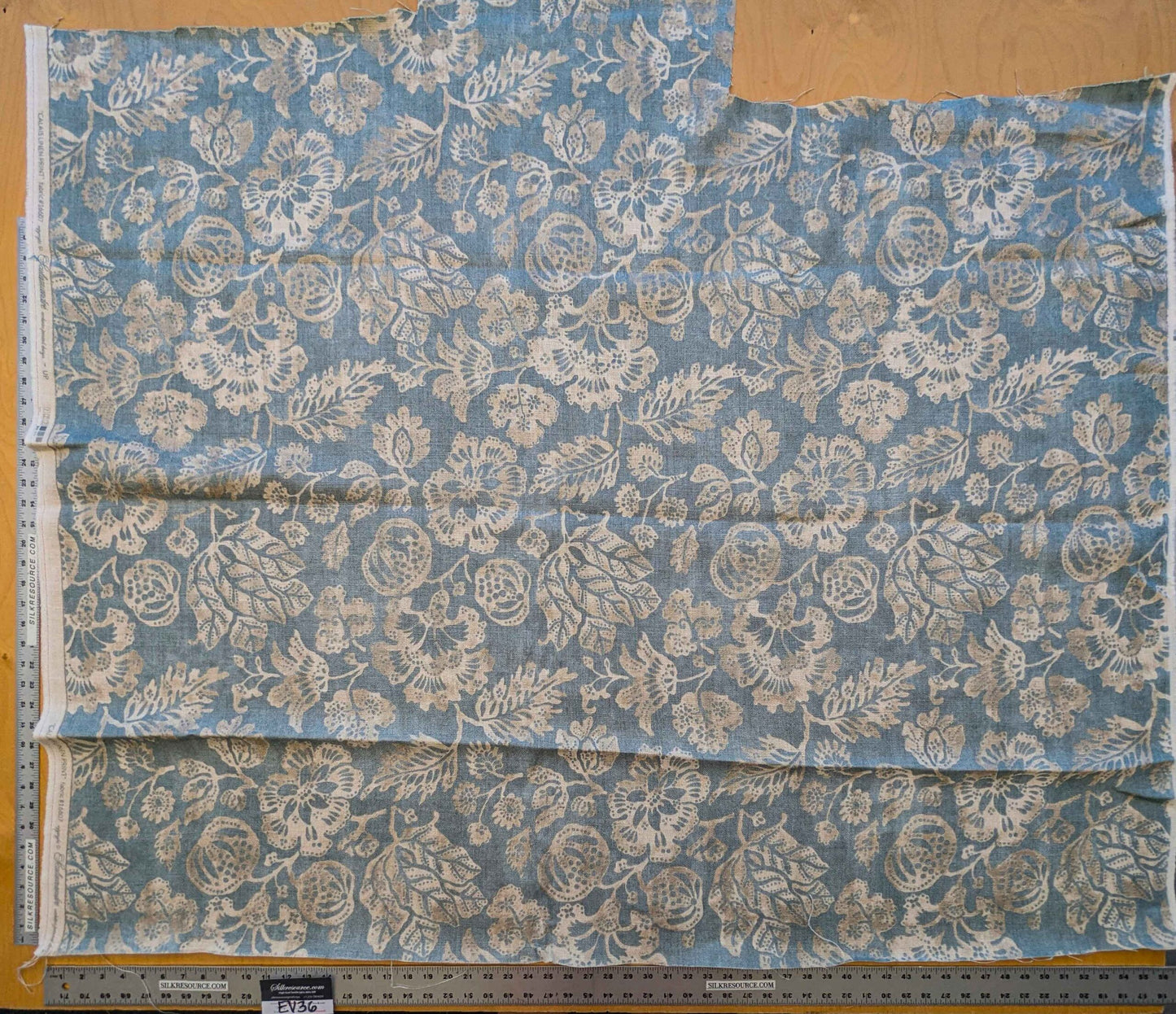 22 EV36 CALAIS LINEN PRINT in Sky Blue Mediterranean Pomegranate Block Print Heavy Linen 40”L x56” wide MSRP USD300+/y