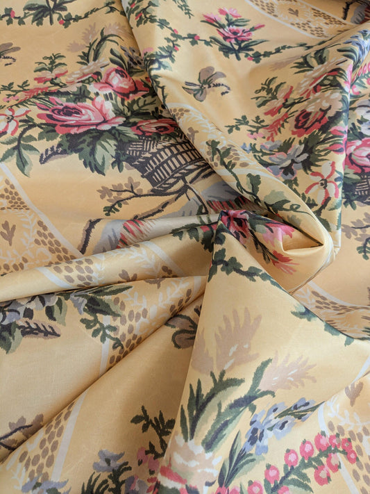 57"L x 61"W Scalamandre Lelievre Multi on Yellow "FOUNTAINEBLEAU" Love Bird Dove Pink Rose French Fabric