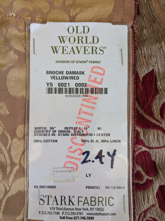 1 EV37 2.4yards Old World Weavers Broche Damask Yellow Red Botanical Floral Renaissance MSRP USD 500+