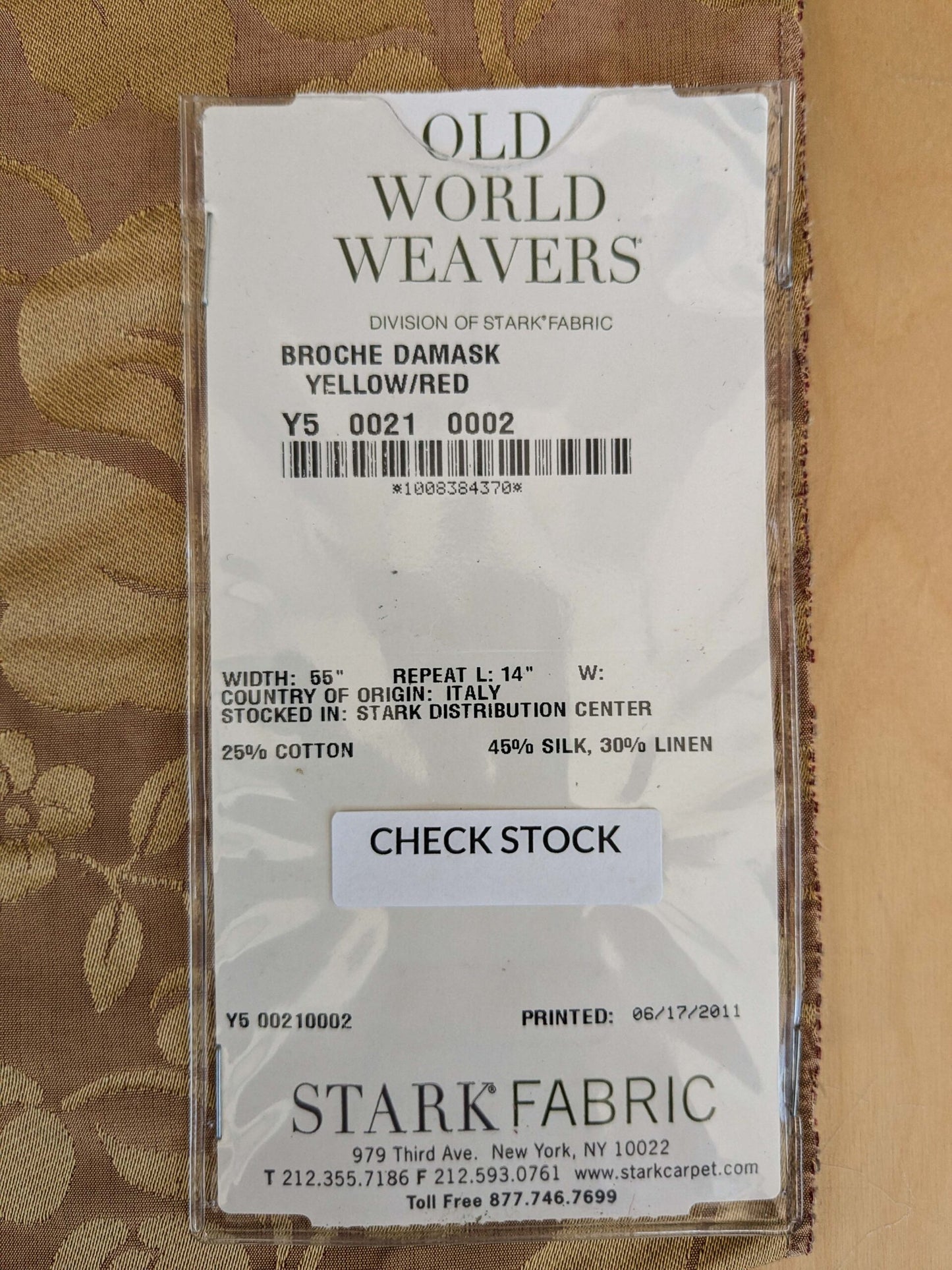 100 EV37 25" x 26" Old World Weavers Broche Damask Yellow/Red Botanical