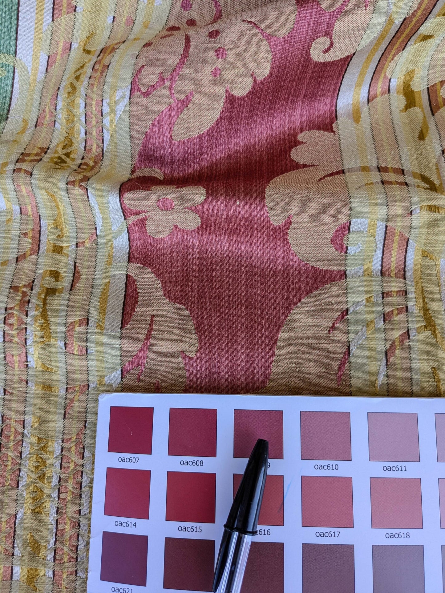 2.9y Scalamandre Lelievre lourmarin Mousse Tomette Medallion Damask Renaissance Stripe Green Red Historic MSRP USD950/y