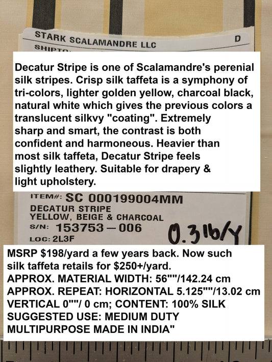 By yard Scalamandre Decatur Stripe Yellow Beige & Charcoal Black White Silk MSRP USD 198/y