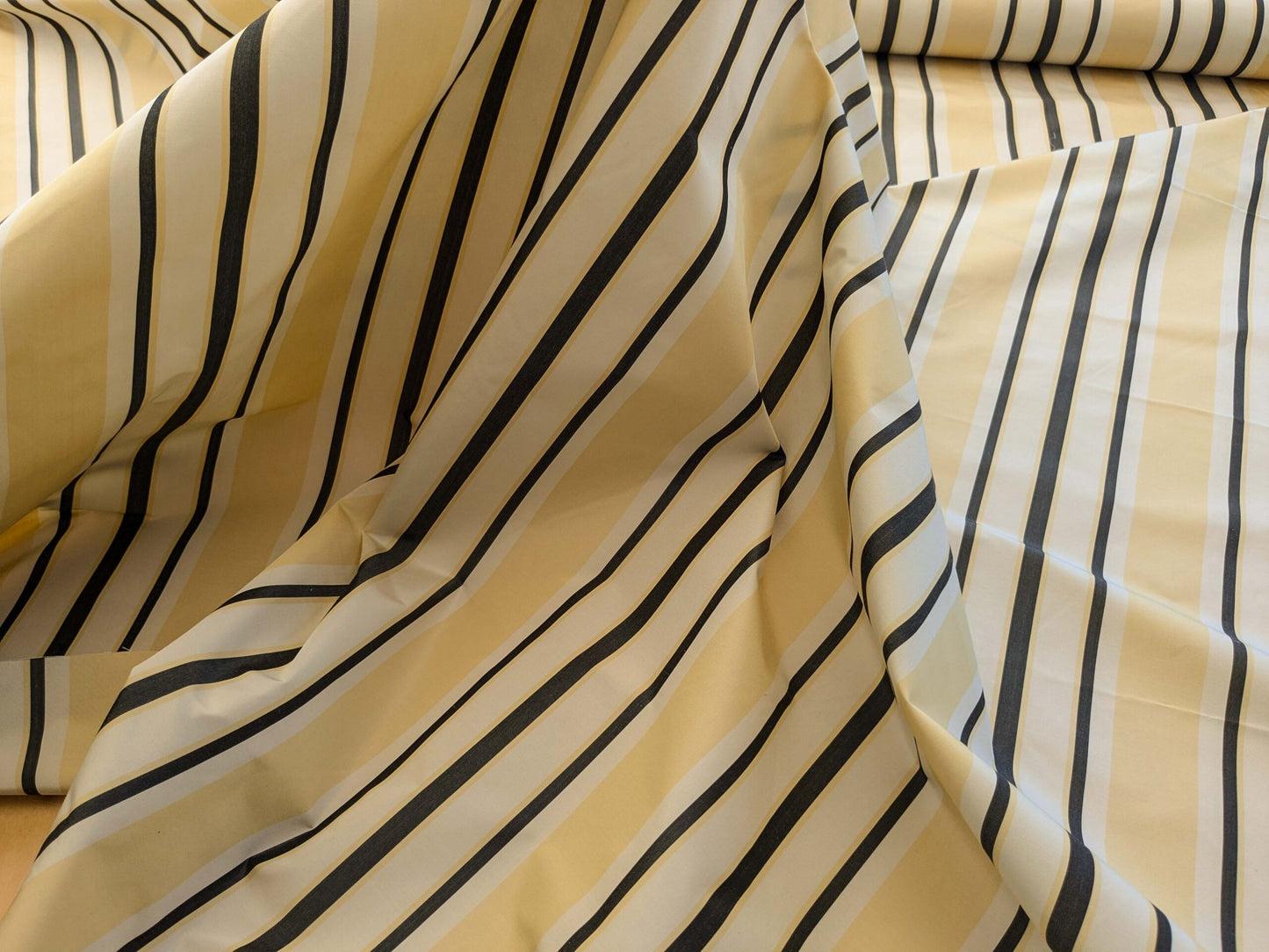 By yard Scalamandre Decatur Stripe Yellow Beige & Charcoal Black White Silk MSRP USD 198/y