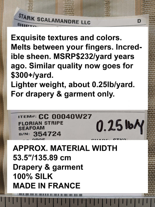 by yard Scalamandre Florian Stripe Sefoam Blue Green Silver Beige Silk Satin Semi Sheer MSRP USD 232/yard