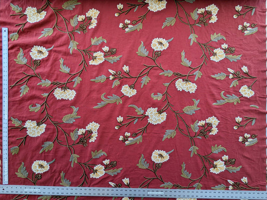 By yard Scalamandre Old World Weavers Floral Crewel Jaya Red Wool Chrysanthemum Embroidery On Cotton MSRP USD 216/Y