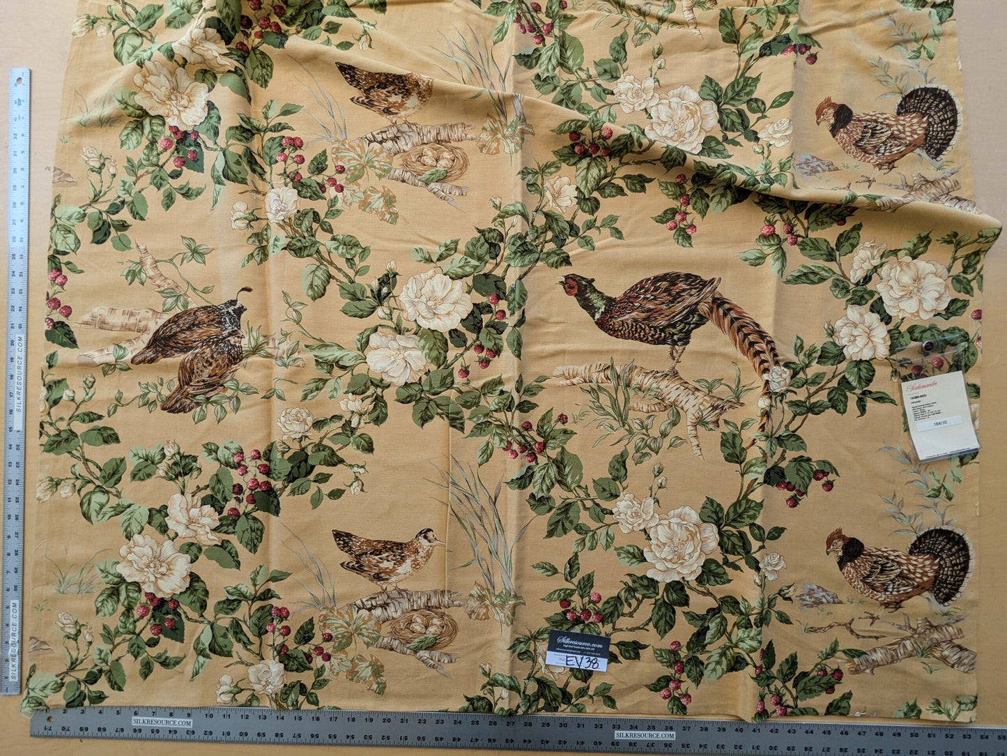 13 EV38 Scalamandre Upland Hand Printed Union Cloth Straw Yellow Floral Berry pheasant bird 1.2y x 53"