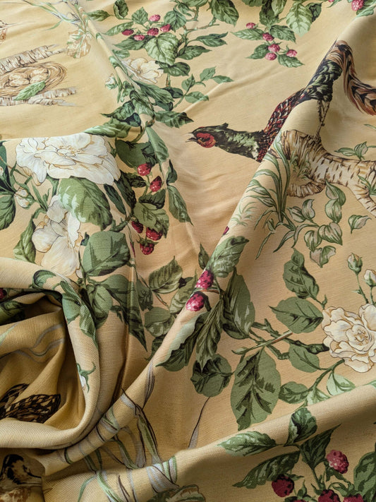 13 EV38 Scalamandre Upland Hand Printed Union Cloth Straw Yellow Floral Berry pheasant bird 1.2y x 53"